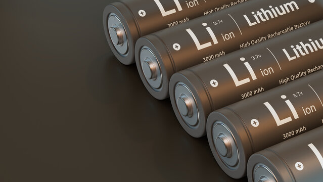 Row of Black Lithium Ion Batteries on Dark Background Representing High Quality Power Storage in 3D Render.