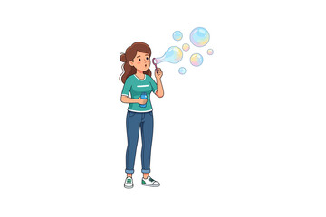 Fototapeta premium Young Woman Blowing Soap Bubbles Vector Illustration