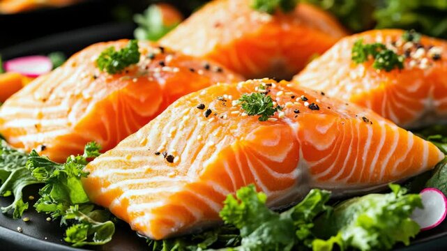 Close-up of Raw Salmon Fillets Seasoned with Sesame Seeds and Herbs