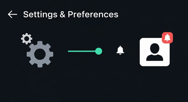 Digital application screen displaying user profile management options and interactive preference controls featuring gear icons alongside notification alerts for customized software navigation