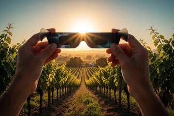 Naklejka premium Hands hold eclipse glasses to view sun over vineyard landscape at sunset. Golden hour light shines through protective eyewear, creating rays over grapevines and distant hills.