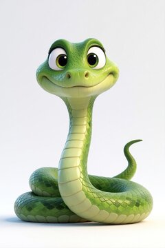 Friendly cartoon green snake character with large eyes sits coiled on a white background. This playful reptile has a cheerful smile and expressive look, perfect for kids content.