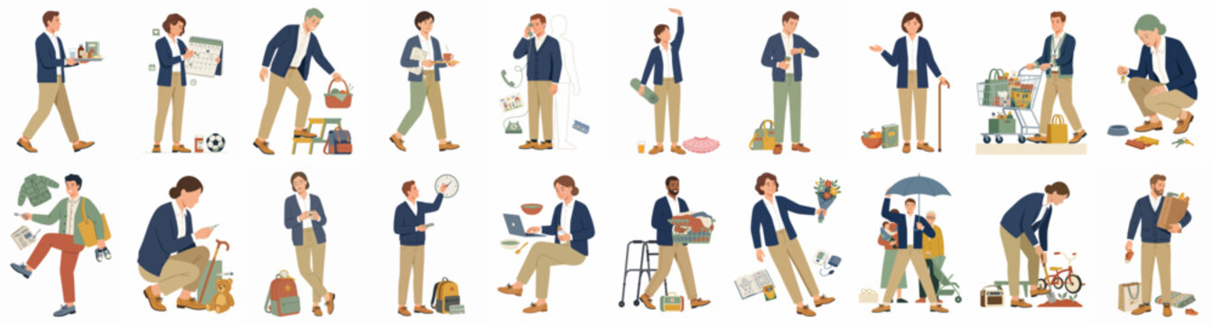 Set of various male character illustrations in different daily life activities, business casual poses, and lifestyle situations, flat vector style, isolated on white.