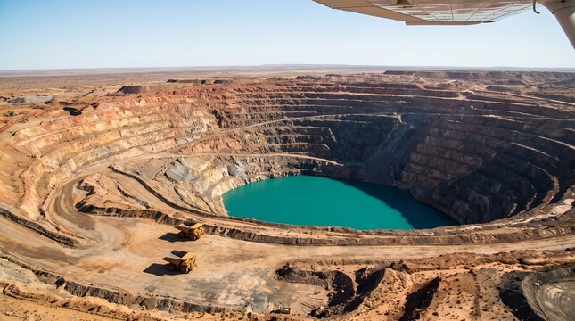 Open pit mine showing large extraction trucks near turquoise water deep inside a vast desert landscape during a sunny day
