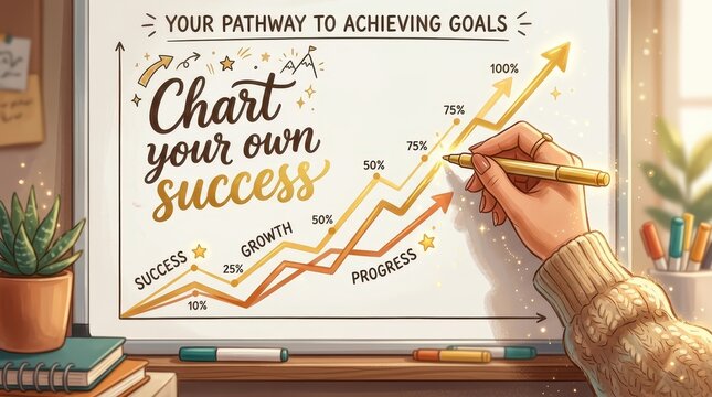 Illustrative depiction of a hand drawing a rising success graph on a whiteboard, symbolizing goal achievement and personal growth.