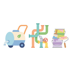 Naklejka premium Flat vector illustration featuring home repair and maintenance tools including a pressure washer, plumbing pipes, and paint buckets.