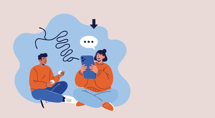 Fototapeta premium An illustrative flat-style graphic of a young man and woman sitting together while engaged in digital communication using a handheld mobile device