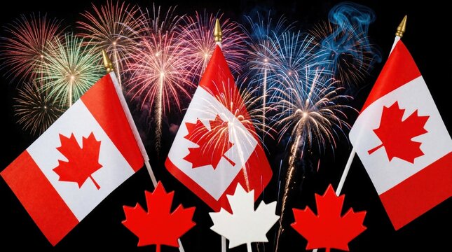 Colorful fireworks explode in dark night sky for Canada Day celebration. Canadian flags, maple leaves decorations glow under bright light. Festive holiday event in Toronto features vibrant