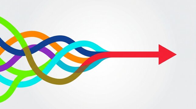 Multiple colorful wavy lines converging into a single straight red arrow on a white background with direction