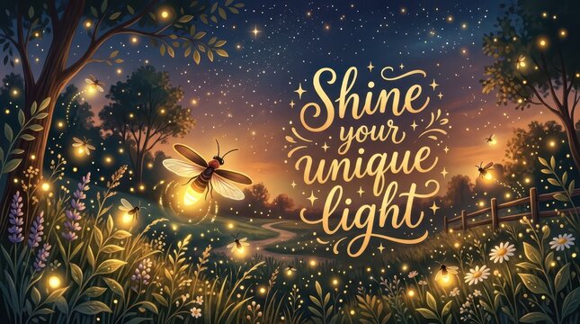 Enchanting night landscape with glowing fireflies, wildflowers, and inspirational quote "Shine your unique light"