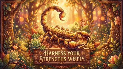 Fototapeta premium Golden Scorpion Centered in Enchanted Forest, Zodiac Symbol, Motivational Quote