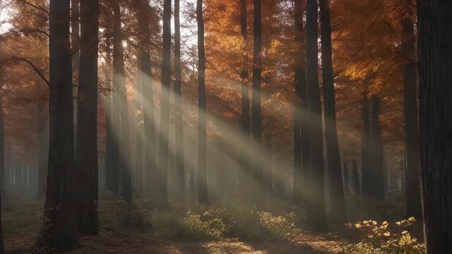 Nature - Golden autumn sunlight piercing through misty forest trees creating dramatic light rays and atmospheric woodland beauty