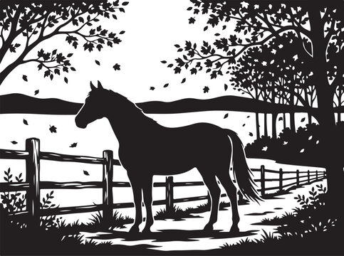 Vintage horse silhouette on farm, rustic equestrian landscape with wooden fence, black and white stallion vector illustration