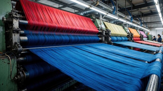 Textile factory machinery dyes yarns blue red yellow orange pink. Industrial machine winds thread for clothing. Workers monitor process on production line.