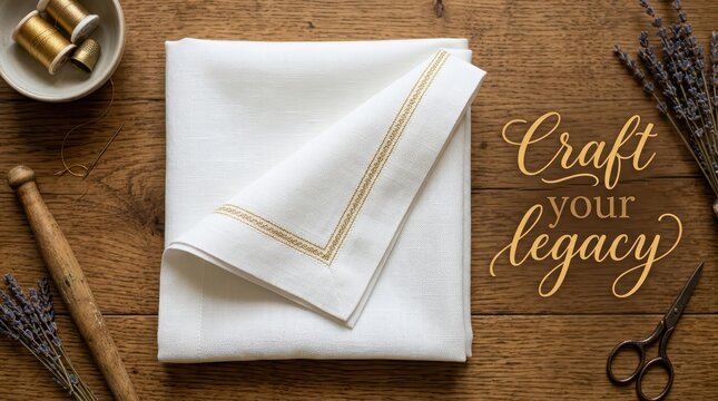 Handicraft and sewing concept. White fabric napkin with gold border on wooden table with lavender, threads, scissors and rolling pin, inspirational te