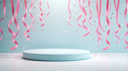 Naklejka premium Empty podium waits for product on pastel blue background with falling pink ribbons and gold confetti. Festive celebration setting with copy space for ad.