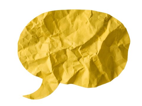 Crumpled yellow paper speech bubble cutout.