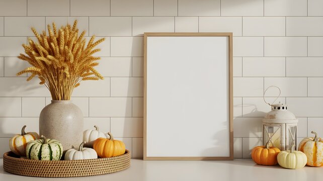Autumnal home decor mockup featuring a blank vertical wooden picture frame on a kitchen counter with pumpkins and wheat