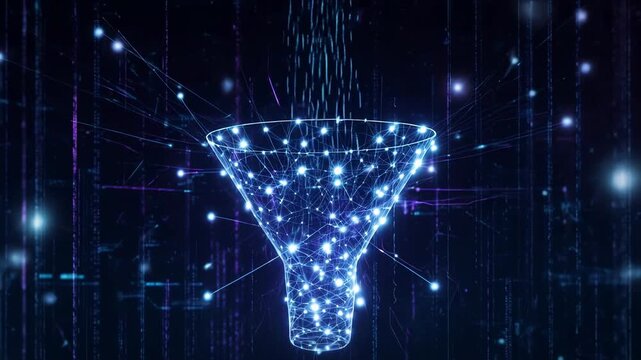 Digital funnel processing data streams in futuristic network environment with glowing particles and bokeh
