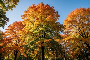 Naklejka premium Low angle view of maple trees with bright autumn foliage in Etienne Brule Park Toronto. Golden yellow, orange leaves cover branches against clear blue sky. Vibrant fall colors create beautiful forest