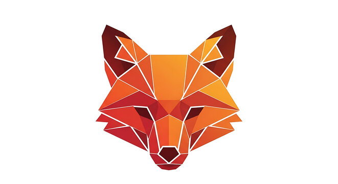 Geometric stylized fox head illustration with vibrant orange and red triangular shapes on white background with showcasing modern artistic design style creative projects isolated clean white polygon