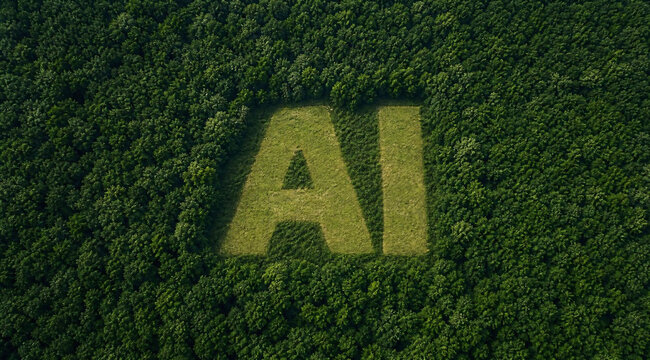 Aerial view of forest lake in AI letters shape for green artificial intelligence concept
