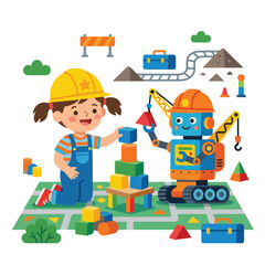 Naklejka premium A cute young girl in a hard hat plays with a toy construction robot, together building a colorful block tower on a play mat.