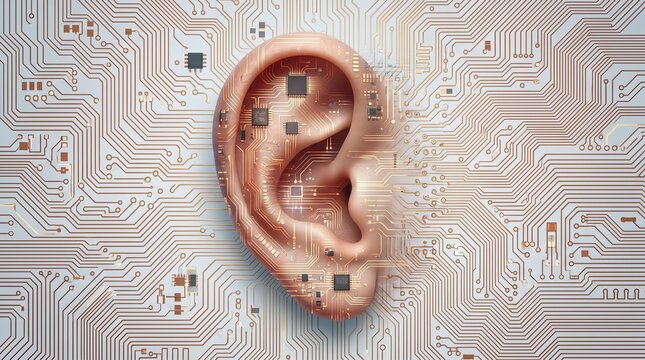 Human ear integrated with a digital circuit board pattern on a flat electronic background with ear seamlessly