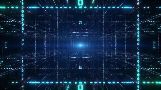 Digital grid data tunnel with pulsing blue light moving forward in abstract cyberspace