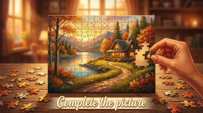 Hand placing last piece of a beautiful autumn landscape puzzle featuring a cozy cabin by a lake at sunset