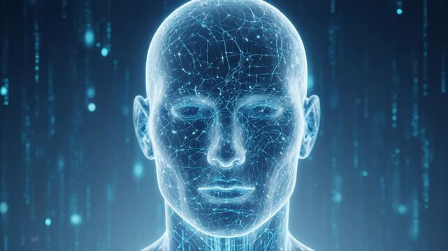 Digital Human Head Wireframe Animation with Particles in Futuristic Blue Glow