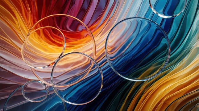 Transparent glass disks float above swirling colorful abstract background. Geometric shapes refract light creating vibrant refractions, reflections. Modern minimalist design perfect for science tech