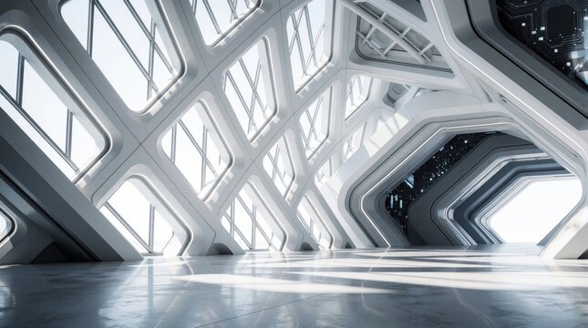 Futuristic white geometric architecture interior with large windows, bright sunlight. Minimalist empty hall features abstract shapes, sci-fi design. Modern tech space with clean lines, shadows offers