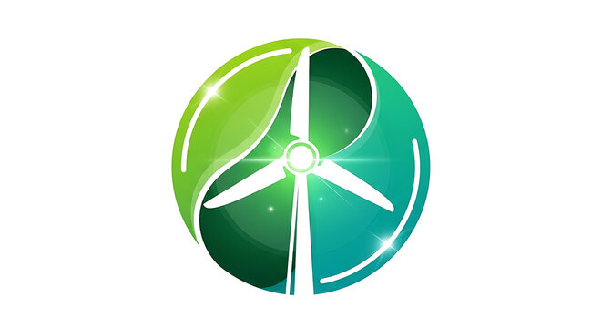 Green energy logo featuring a stylized wind turbine integrated within a circular leaf design element with shapes representing sustainable turbine silhouette seamlessly sustainable power generation