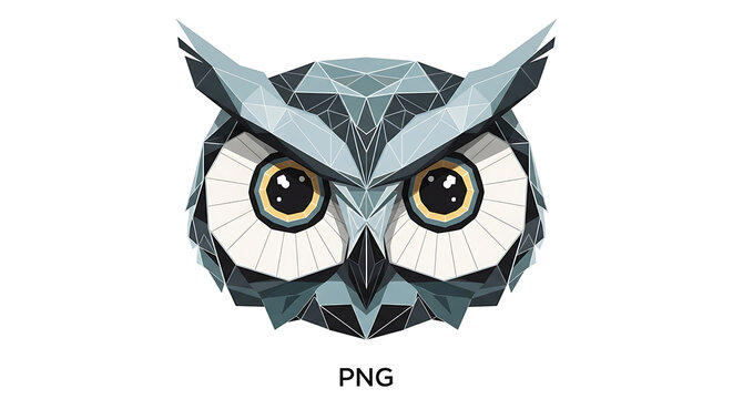 Geometric stylized owl head portrait created with blue and grey triangular polygon vector shapes with illustration featuring intricate background large expressive isolated white background abstract
