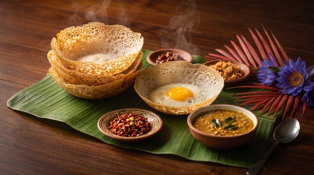 Ultra-realistic close-up of traditional Sri Lankan hoppers (Appa), featuring a stack of crispy plain hoppers and a freshly prepared egg hopper with golden yolk. Served on a banana leaf with blue water