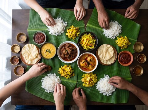Diverse People Sharing Traditional Malaysian Banana Leaf Rice Feast for Malaysia Day