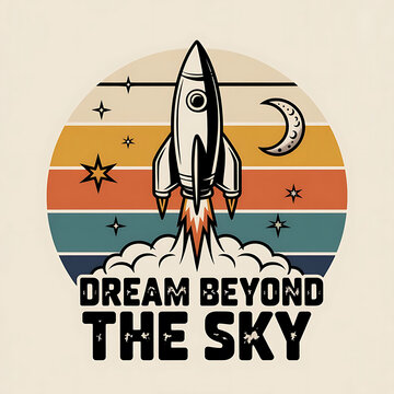 Vintage-inspired retro rocket launch graphic design celebrating ambition with bold typography 'Dream Beyond the Sky', warm gradient sky backdrop, celestial stars and crescent moon, dynamic illustratio
