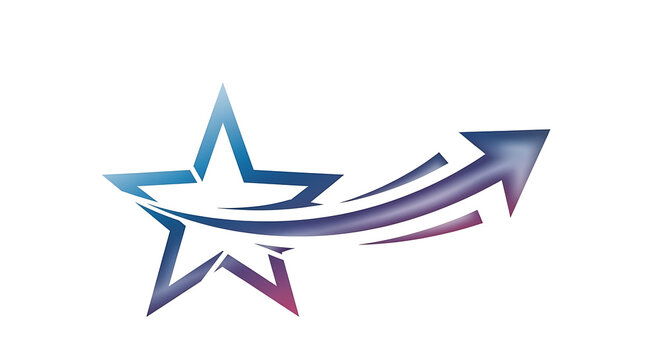 Abstract gradient star logo design with a flowing arrow symbolizing growth with curved arrow sweeping upward outward represent progress positive development against plain white background leadership
