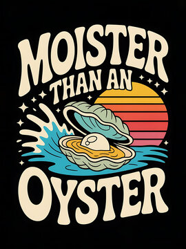 Funny beach-themed graphic design featuring an open oyster with pearl under vibrant sunset gradient sky, playful typography with 'Moister than an Oyster' text, hand-drawn style with dynamic water spla