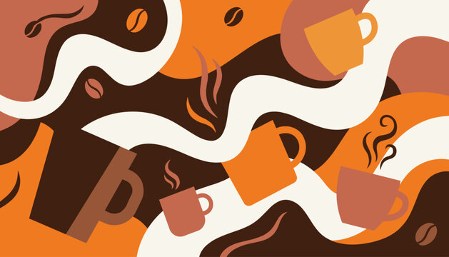 Modern abstract coffee background illustration with warm colors, cups, beans, and steam for cafe menu or flyer design