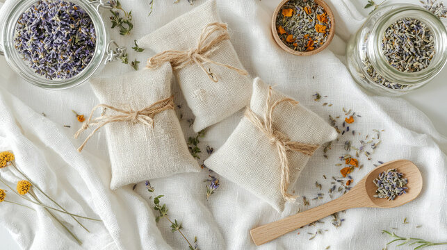 Handmade Herbal Sachets with Dried Lavender and Chamomile in Linen Pouches, dried botanicals, herbs, flowers