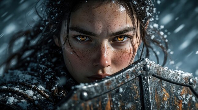 Close up portrait of fierce young woman warrior with golden eyes. Female fighter holds metal shield in winter snow storm. Intense expression shows courage, strength during epic battle. Cinematic