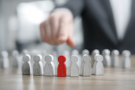 A business person selecting a single red figure from a group of gray figures, symbolizing choice and leadership