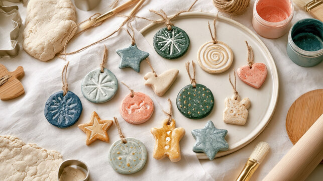 Handmade salt dough ornaments hand-painted in pastel colors with craft supplies on white linen, flat lay photography.