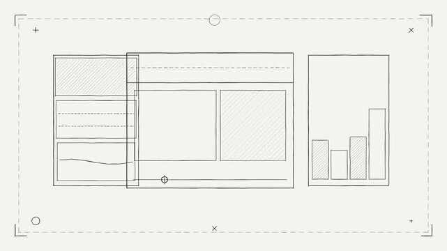 Hand Drawn Sketch Interface Wireframe with Animated Bar Chart Metrics