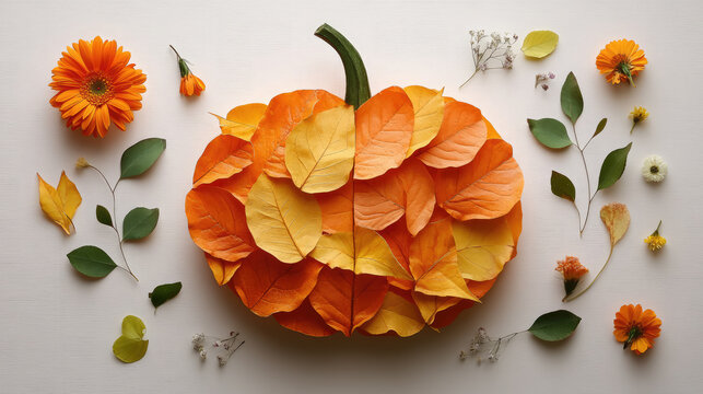 Handmade pumpkin collage made from pressed autumn leaves and dried flowers with warm orange and yellow tones on white paper