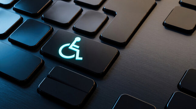 Glowing accessibility icon on dark keyboard highlights digital inclusion and user-friendly tech. Symbolizes easier computing access and support for all users globally.