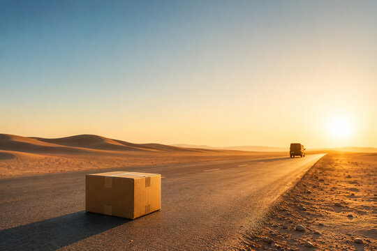 Cardboard package in a desert road scene representing remote delivery, long-distance transportation, logistics routes and freight movement.