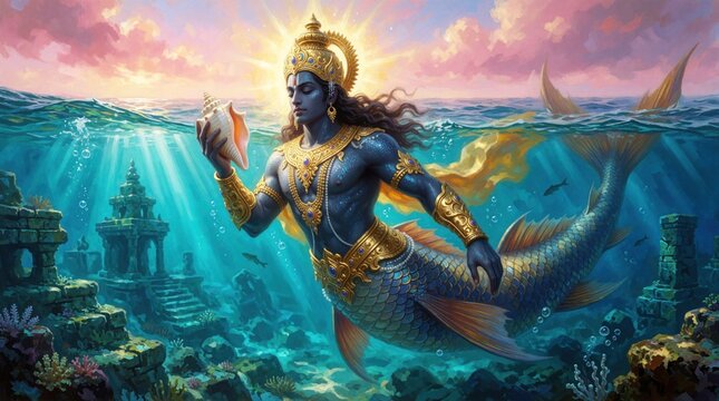 Matsya Avatar of Lord Vishnu swims underwater holding conch shell near ancient ruins. Divine fish god with human torso and tail in blue ocean. Mythological scene with golden crown and ornaments.